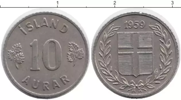 Монета 10 аурар Исландии 1959 года Медно-никель