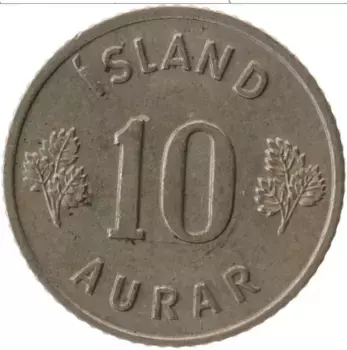 Монета 10 аурар Исландии 1961 года Медно-никель