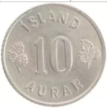 Монета 10 аурар Исландии 1965 года Медно-никель