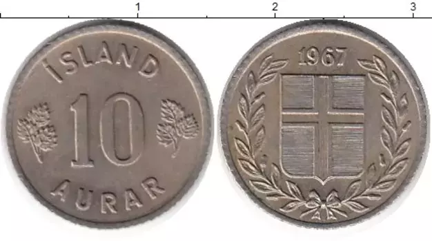 Монета 10 аурар Исландии 1967 года Медно-никель