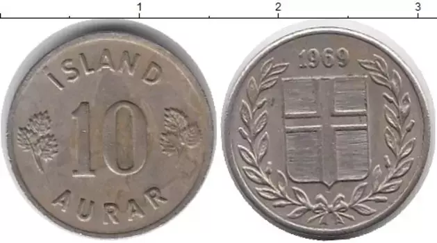 Монета 10 аурар Исландии 1969 года Медно-никель