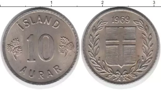 Монета 10 аурар Исландии 1969 года Медно-никель