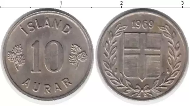 Монета 10 аурар Исландии 1969 года Медно-никель