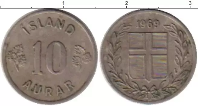 Монета 10 аурар Исландии 1969 года Медно-никель