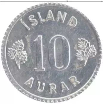 Монета 10 аурар Исландии 1970 года Алюминий