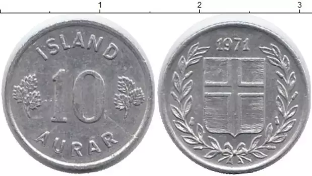 Монета 10 аурар Исландии 1971 года Алюминий