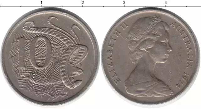 Монета 10 центов Австралии 1974 года Медно-никель Павлин, Елизавета II