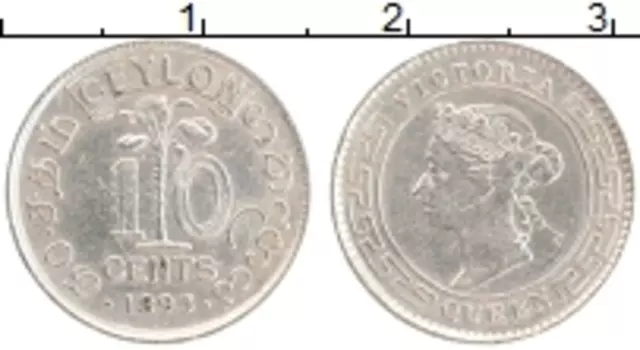 Монета 10 центов Цейлона 1893 года Серебро Виктория