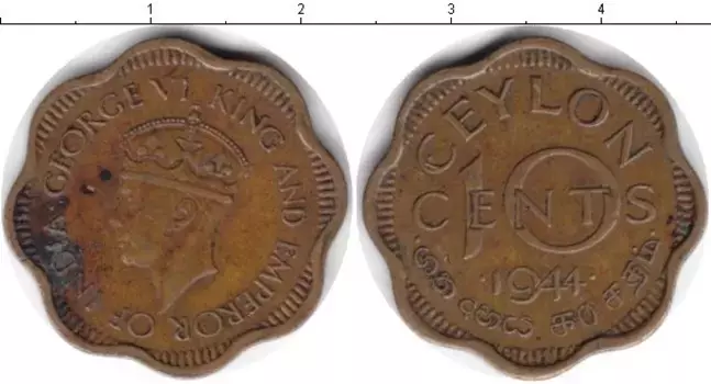 Монета 10 центов Цейлона 1944 года Медь Георг VI
