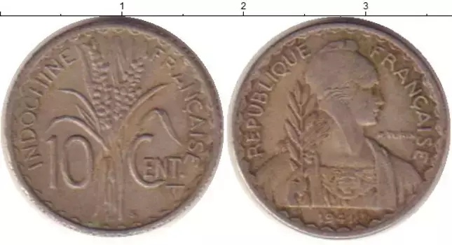 Монета 10 центов Индокитая 1941 года Медно-никель