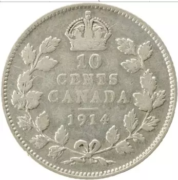 Монета 10 центов Канады 1914 года Серебро Георг V