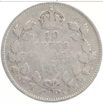 Монета 10 центов Канады 1916 года Серебро Георг V