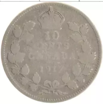 Монета 10 центов Канады 1917 года Серебро Георг V