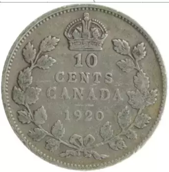 Монета 10 центов Канады 1920 года Серебро Георг V