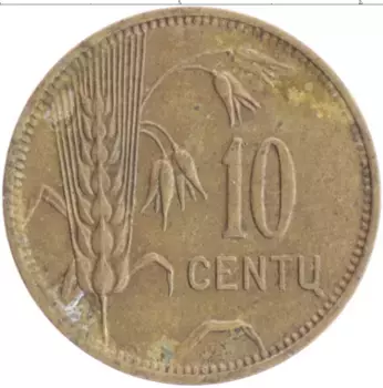Монета 10 центов Литвы 1925 года Бронза