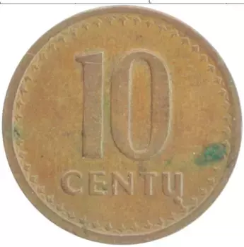 Монета 10 центов Литвы 1991 года Бронза
