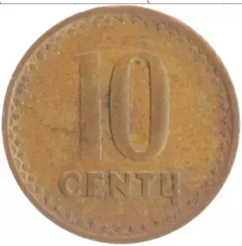 Монета 10 центов Литвы 1991 года Бронза