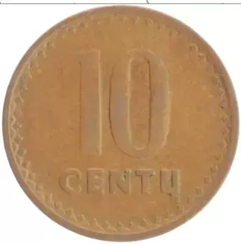Монета 10 центов Литвы 1991 года Бронза