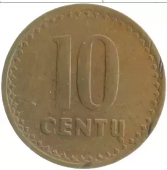 Монета 10 центов Литвы 1991 года Бронза