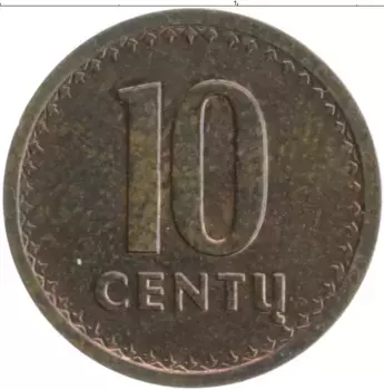 Монета 10 центов Литвы 1991 года Бронза
