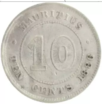 Монета 10 центов Маврикия 1886 года Серебро Виктория