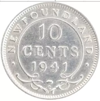 Монета 10 центов Ньюфаундленда 1941 года Серебро Георг VI