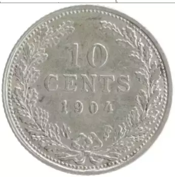 Монета 10 центов Нидерланд 1904 года Серебро Вильгельмина