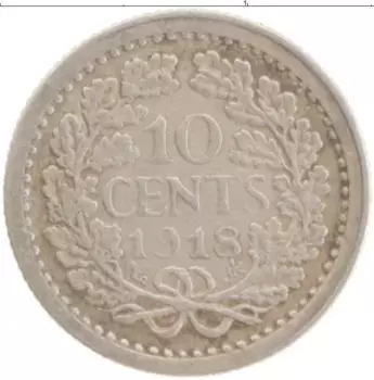 Монета 10 центов Нидерланд 1918 года Серебро Вильгельмина
