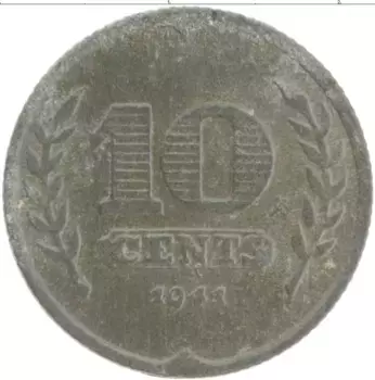 Монета 10 центов Нидерланд 1941 года Цинк Немецкая оккупация