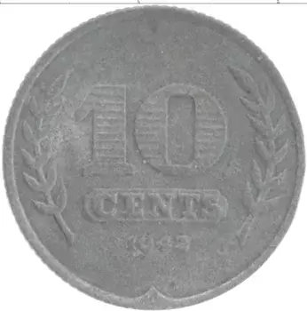 Монета 10 центов Нидерланд 1942 года Цинк
