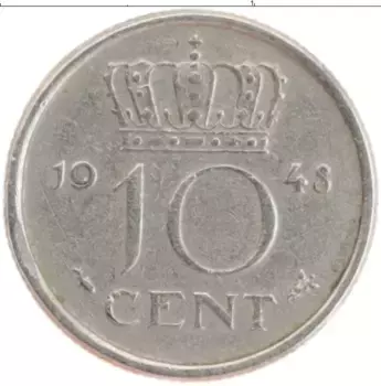 Монета 10 центов Нидерланд 1948 года Медно-никель Вильгельмина