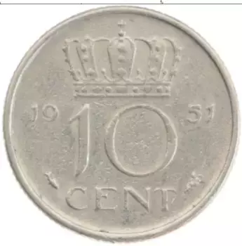 Монета 10 центов Нидерланд 1951 года Медно-никель Юлиана