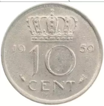 Монета 10 центов Нидерланд 1959 года Медно-никель Юлиана