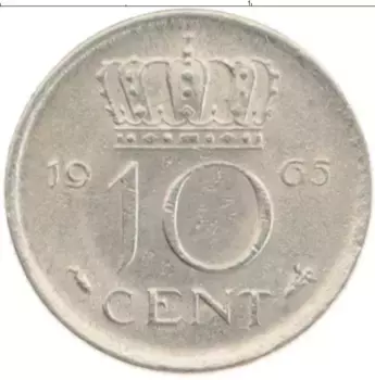 Монета 10 центов Нидерланд 1965 года Медно-никель Юлиана