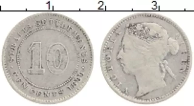 Монета 10 центов Стрейтс-Сеттльмента 1889 года Серебро Виктория