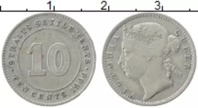 Монета 10 центов Стрейтс-Сеттльмента 1900 года Серебро Виктория