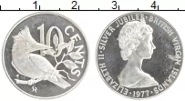 Монета 10 центов Виргинских островов 1977 года Серебро Елизавета II