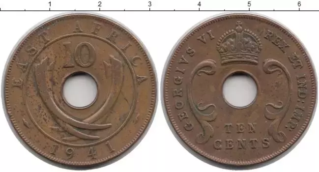 Монета 10 центов Восточной Африки 1941 года Бронза Георг VI