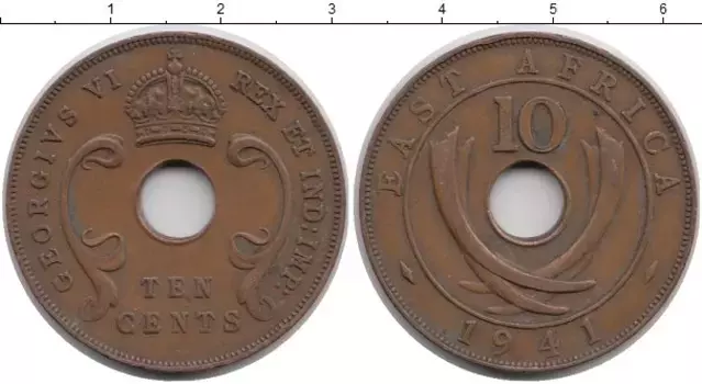 Монета 10 центов Восточной Африки 1941 года Бронза Георг VI