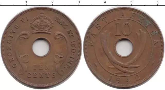 Монета 10 центов Восточной Африки 1942 года Бронза Георг VI
