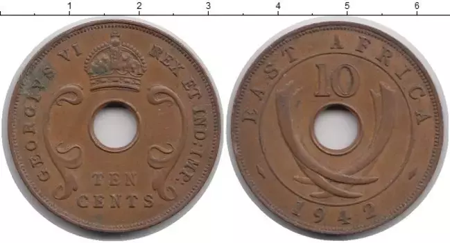 Монета 10 центов Восточной Африки 1942 года Бронза Георг VI