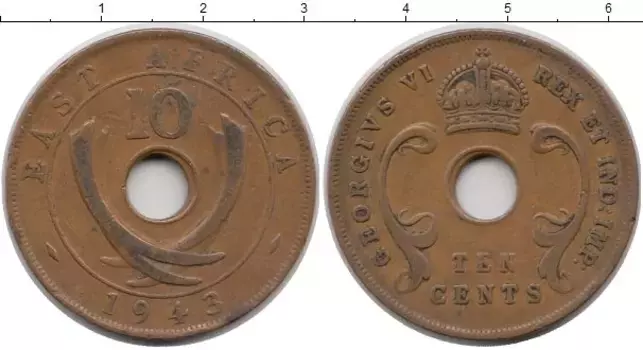 Монета 10 центов Восточной Африки 1943 года Бронза Георг VI