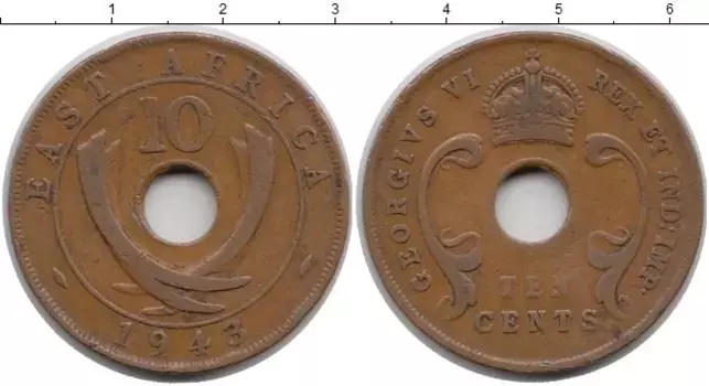 Монета 10 центов Восточной Африки 1943 года Бронза Георг VI