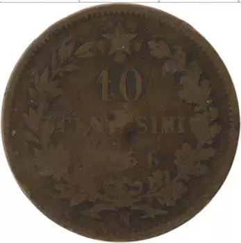 Монета 10 чентезимо Италии 1866 года Бронза Витторио Эммануил II