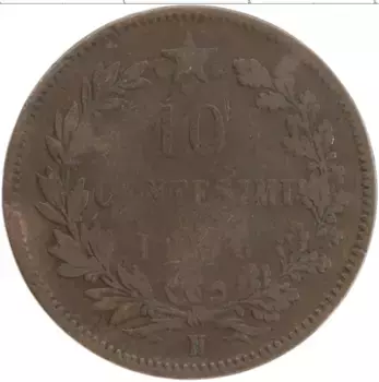 Монета 10 чентезимо Италии 1866 года Медь Виктор Эммануил II (Н)