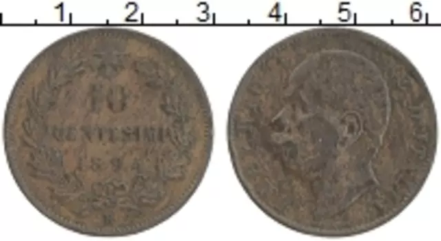 Монета 10 чентезимо Италии 1894 года Медь Умберто I