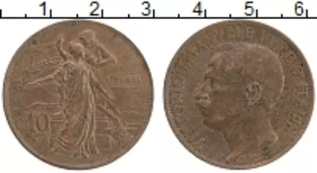 Монета 10 чентезимо Италии 1911 года Бронза 50-летие Королевства