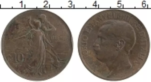 Монета 10 чентезимо Италии 1911 года Бронза Виктор Эммануил III