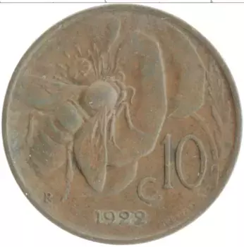 Монета 10 чентезимо Италии 1922 года Бронза Витторио Эммануил III