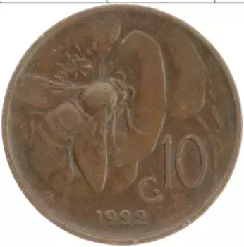 Монета 10 чентезимо Италии 1922 года Медь Виктор Эммануил III